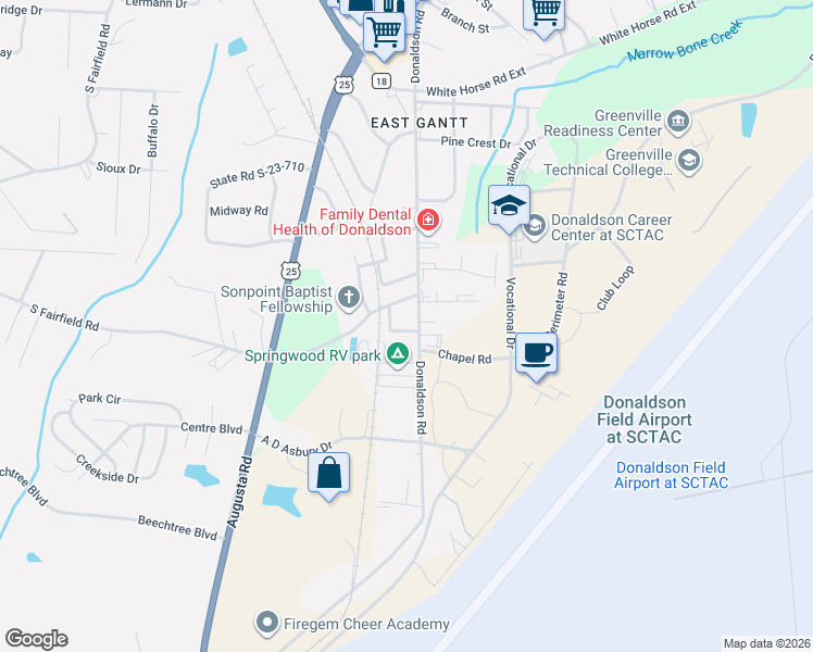 map of restaurants, bars, coffee shops, grocery stores, and more near 708 Donaldson Road in Greenville