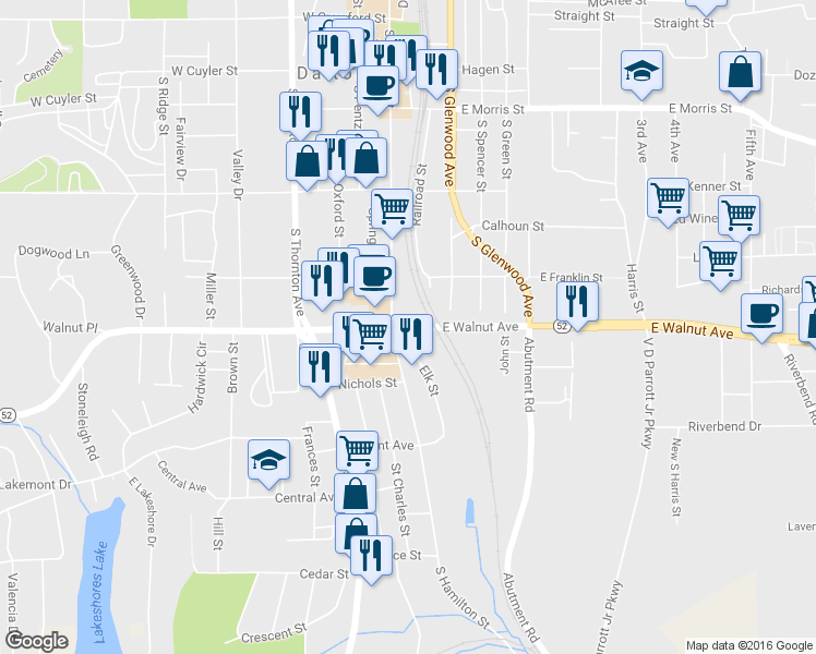 map of restaurants, bars, coffee shops, grocery stores, and more near 899 South Hamilton Street in Dalton