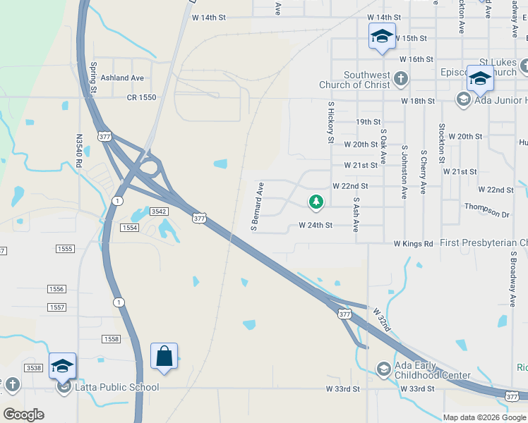 map of restaurants, bars, coffee shops, grocery stores, and more near 1309 South Bernard Avenue in Ada