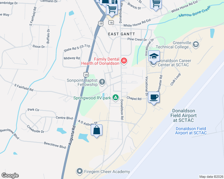 map of restaurants, bars, coffee shops, grocery stores, and more near 24 Ace Drive in Greenville