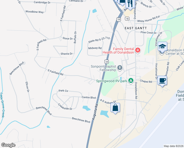 map of restaurants, bars, coffee shops, grocery stores, and more near 14 South Fairfield Road in Greenville