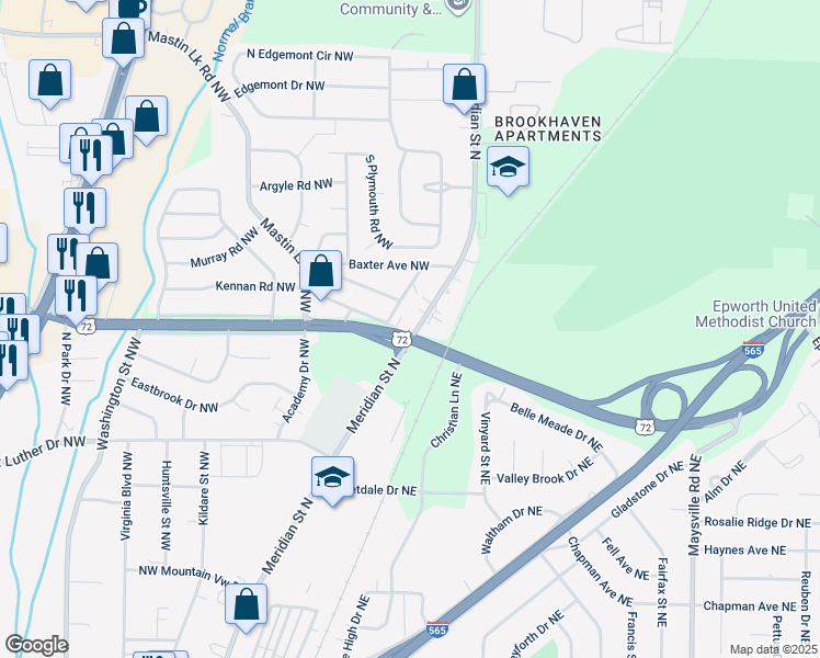 map of restaurants, bars, coffee shops, grocery stores, and more near 2801 Meridian Street North in Huntsville