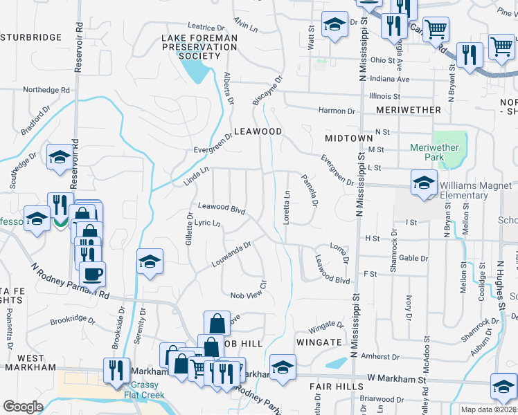 map of restaurants, bars, coffee shops, grocery stores, and more near 1003 Biscayne Drive in Little Rock