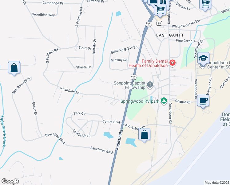 map of restaurants, bars, coffee shops, grocery stores, and more near 14 South Fairfield Road in Greenville