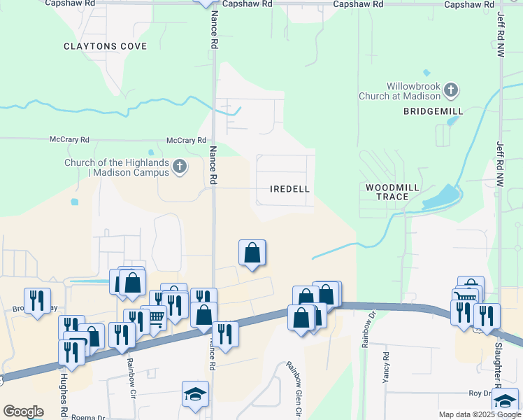 map of restaurants, bars, coffee shops, grocery stores, and more near 7414 South Catawba Circle Northwest in Madison