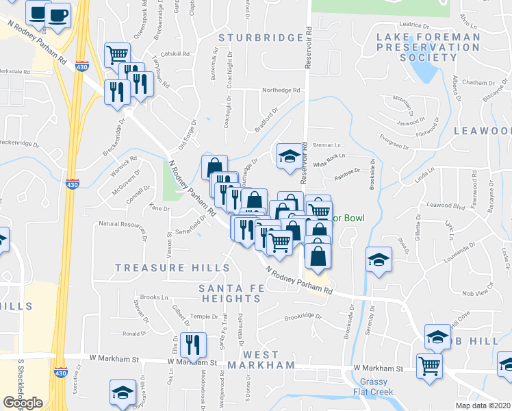 map of restaurants, bars, coffee shops, grocery stores, and more near 9300 Treasure Hill Road in Little Rock