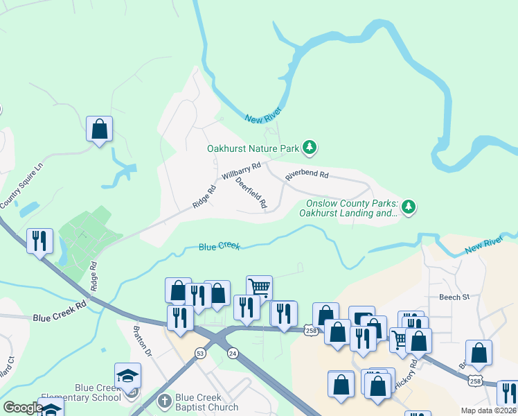 map of restaurants, bars, coffee shops, grocery stores, and more near 104 Riverbend Road in Jacksonville