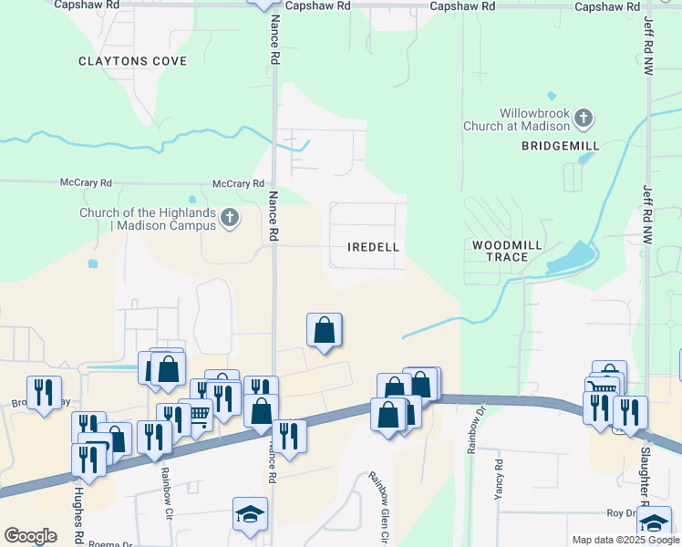 map of restaurants, bars, coffee shops, grocery stores, and more near 7414 South Catawba Circle Northwest in Madison