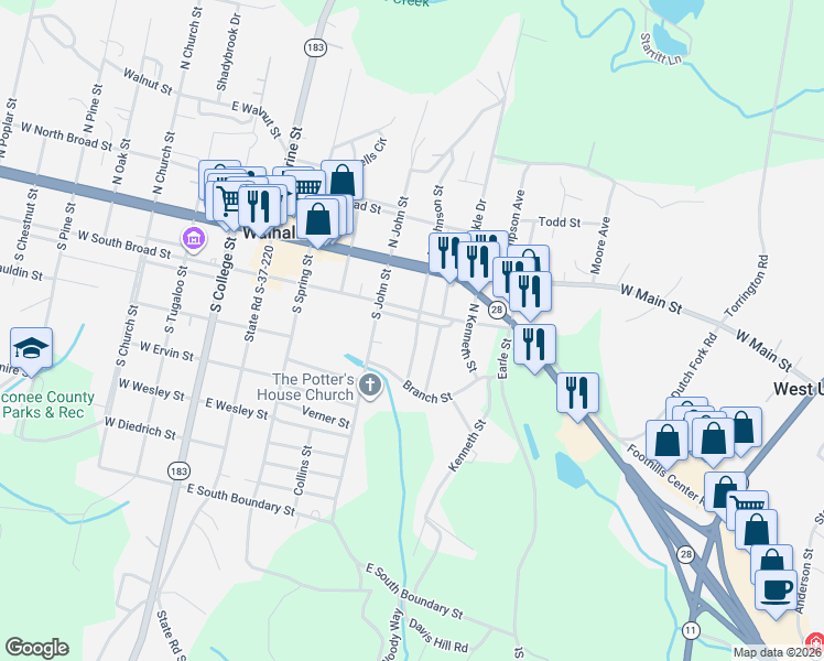 map of restaurants, bars, coffee shops, grocery stores, and more near 6 Ballenger Street in Walhalla