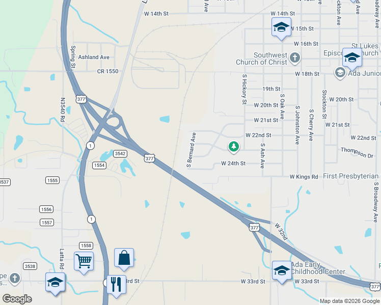 map of restaurants, bars, coffee shops, grocery stores, and more near 1317 Bernard Avenue in Ada
