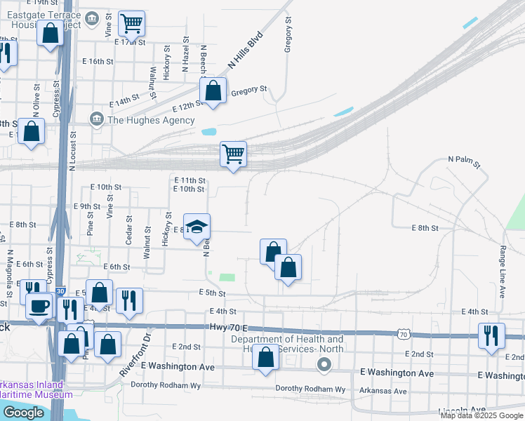 map of restaurants, bars, coffee shops, grocery stores, and more near 1501 East 8th Street in North Little Rock