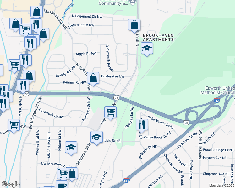 map of restaurants, bars, coffee shops, grocery stores, and more near 2801 Meridian Street North in Huntsville