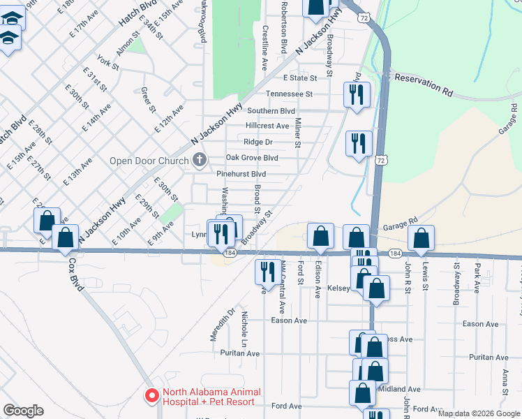map of restaurants, bars, coffee shops, grocery stores, and more near 1522 Shoals Avenue in Sheffield