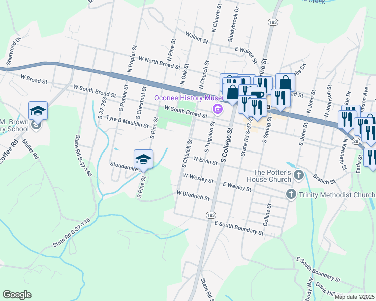 map of restaurants, bars, coffee shops, grocery stores, and more near South Church Street in Walhalla