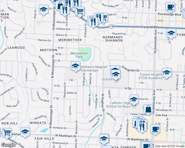 map of restaurants, bars, coffee shops, grocery stores, and more near 1000 Mellon Street in Little Rock