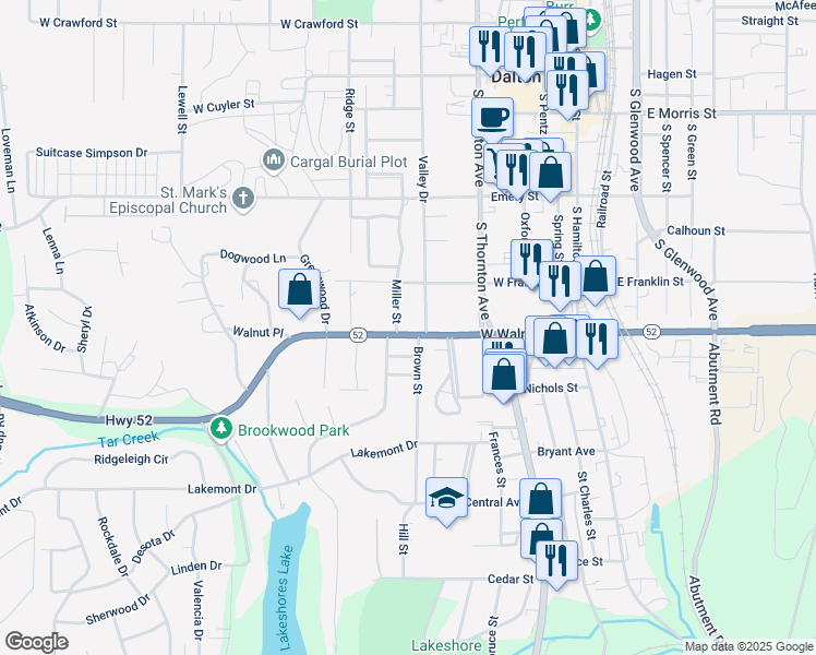 map of restaurants, bars, coffee shops, grocery stores, and more near 607 West Walnut Avenue in Dalton