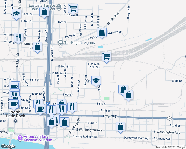 map of restaurants, bars, coffee shops, grocery stores, and more near 1218 East 8th Street in North Little Rock