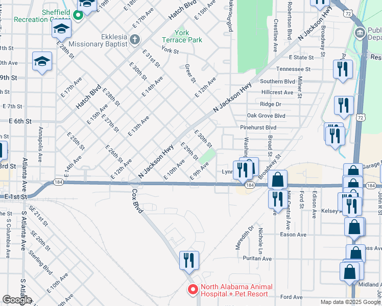 map of restaurants, bars, coffee shops, grocery stores, and more near 2901 East 10th Avenue in Sheffield