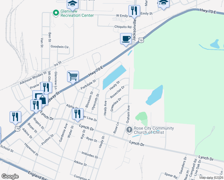 map of restaurants, bars, coffee shops, grocery stores, and more near 932 Roseclair Drive in North Little Rock