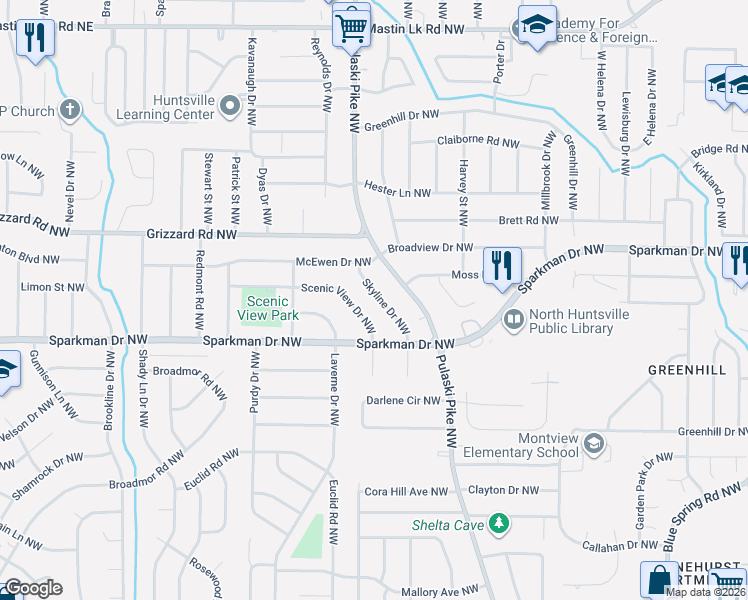map of restaurants, bars, coffee shops, grocery stores, and more near 2604 Scenic View Drive Northwest in Huntsville