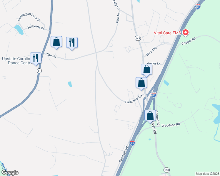 map of restaurants, bars, coffee shops, grocery stores, and more near 116 Piedmont Road in Powdersville
