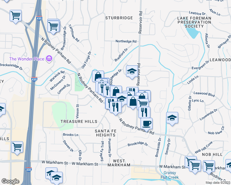 map of restaurants, bars, coffee shops, grocery stores, and more near 9303 Treasure Hill Road in Little Rock