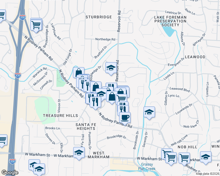 map of restaurants, bars, coffee shops, grocery stores, and more near 6 Towne Park Court in Little Rock