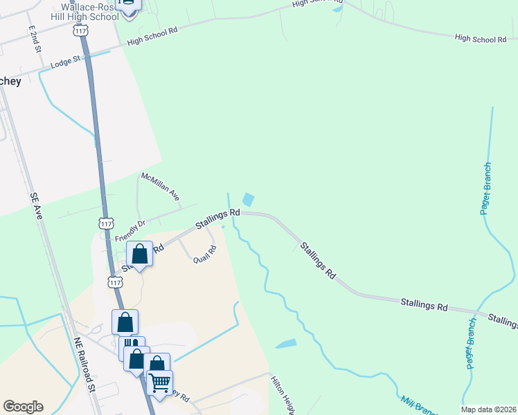 map of restaurants, bars, coffee shops, grocery stores, and more near 380 Stallings Road in Wallace