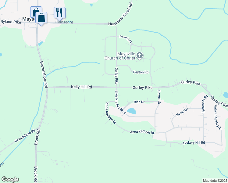 map of restaurants, bars, coffee shops, grocery stores, and more near 314 Kelly Hill Road in Gurley