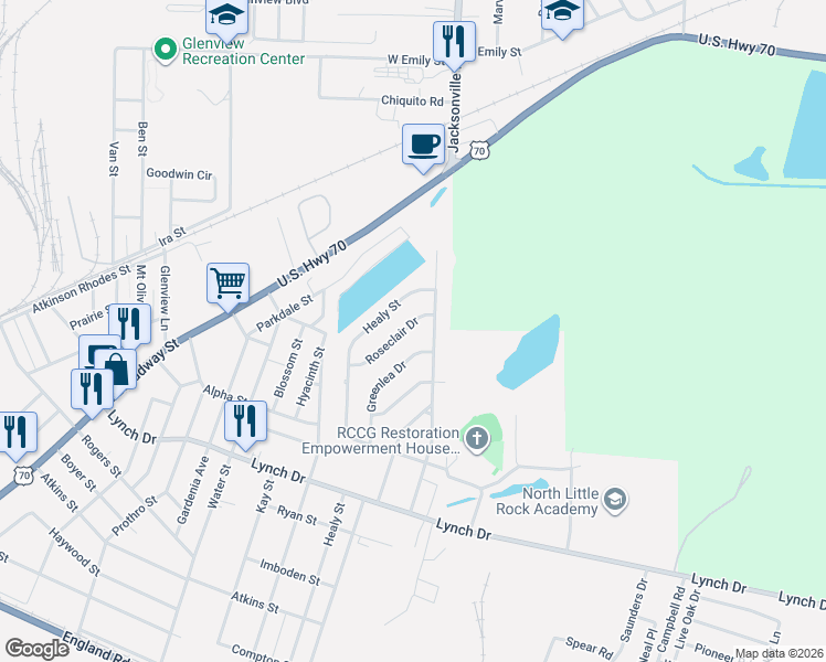 map of restaurants, bars, coffee shops, grocery stores, and more near 1031 Roseclair Drive in North Little Rock