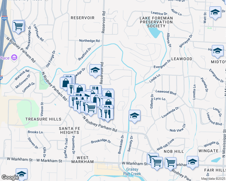 map of restaurants, bars, coffee shops, grocery stores, and more near 32 Reservoir Heights Drive in Little Rock