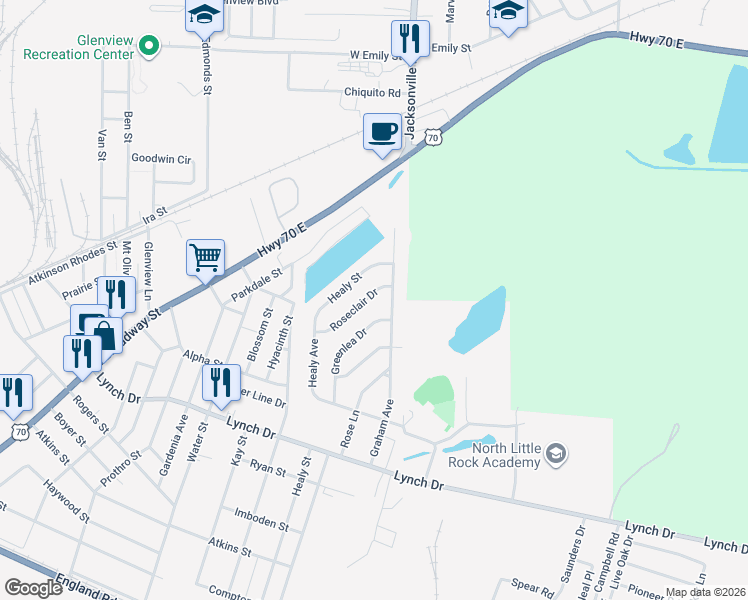 map of restaurants, bars, coffee shops, grocery stores, and more near 1031 Roseclair Drive in North Little Rock