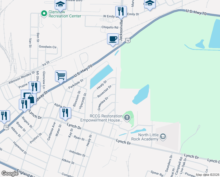 map of restaurants, bars, coffee shops, grocery stores, and more near 1031 Roseclair Drive in North Little Rock