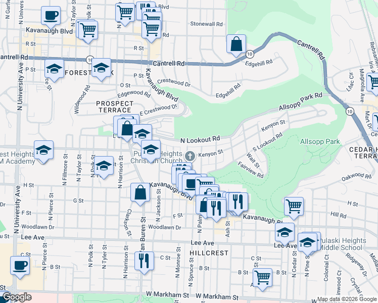 map of restaurants, bars, coffee shops, grocery stores, and more near 4723 North Lookout Road in Little Rock