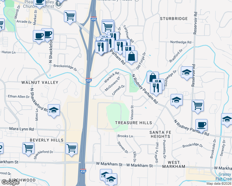 map of restaurants, bars, coffee shops, grocery stores, and more near 10 Connell Drive in Little Rock