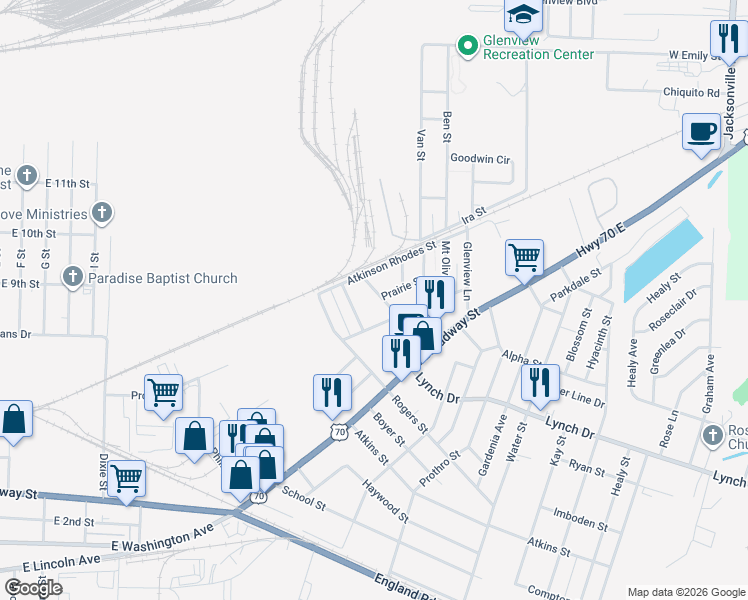 map of restaurants, bars, coffee shops, grocery stores, and more near 304 Plain Street in North Little Rock