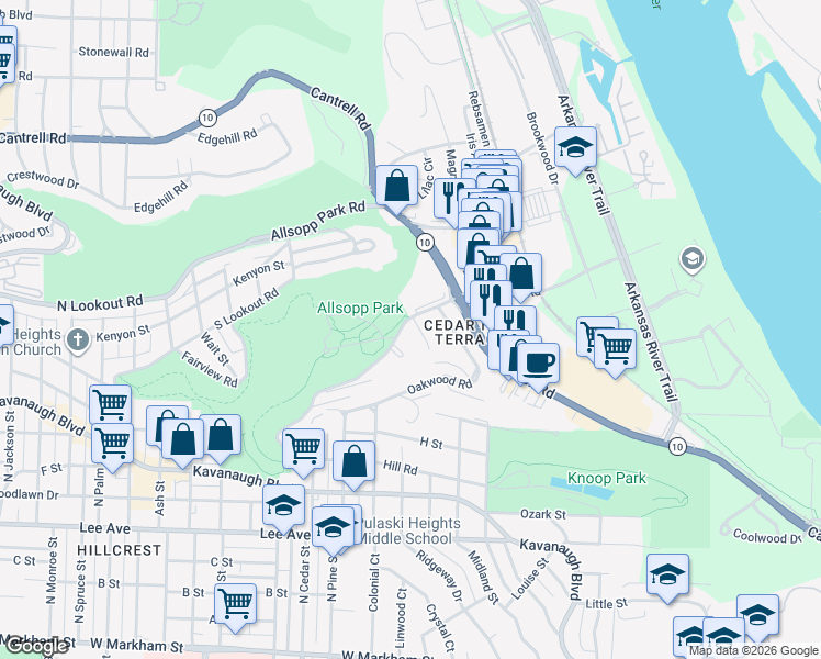 map of restaurants, bars, coffee shops, grocery stores, and more near 3404 Cedar Hill Road in Little Rock