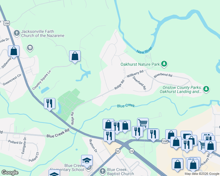 map of restaurants, bars, coffee shops, grocery stores, and more near 435 Candlewood Drive in Jacksonville