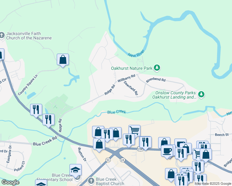map of restaurants, bars, coffee shops, grocery stores, and more near 103 Carriage Court in Jacksonville