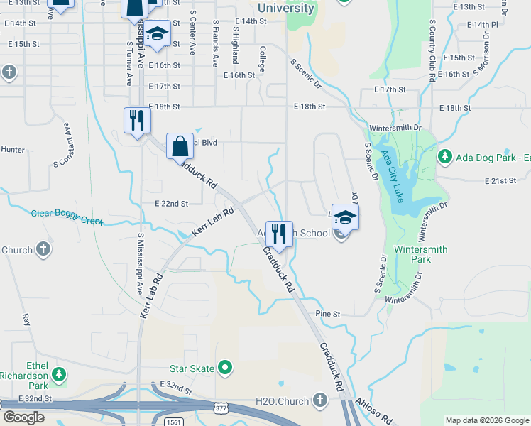 map of restaurants, bars, coffee shops, grocery stores, and more near 1436 South Cradduck Road in Ada