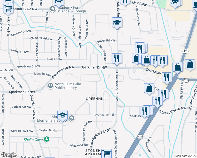 map of restaurants, bars, coffee shops, grocery stores, and more near 2605 Mountain Park Circle Northwest in Huntsville