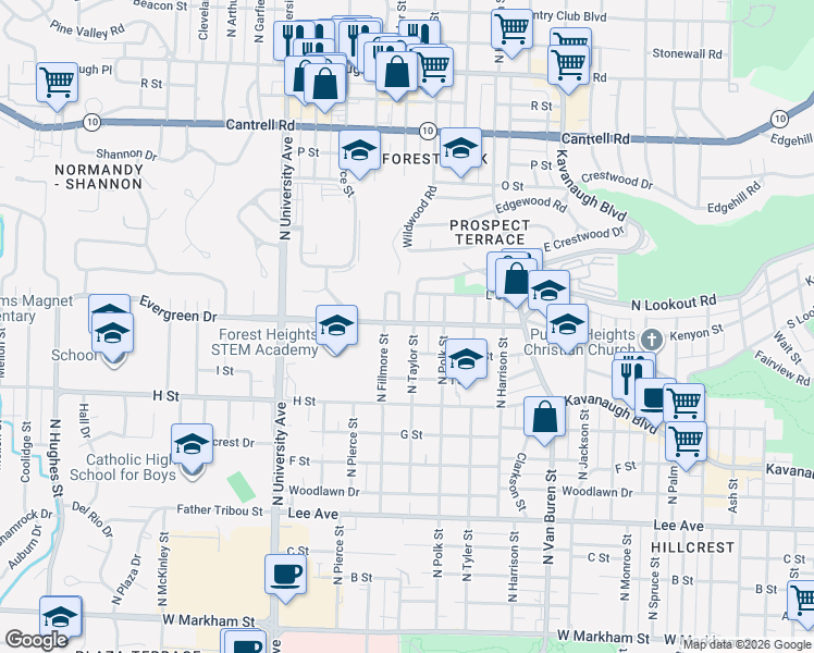 map of restaurants, bars, coffee shops, grocery stores, and more near 1208 North Taylor Street in Little Rock