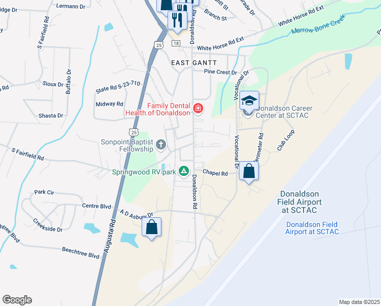 map of restaurants, bars, coffee shops, grocery stores, and more near 604 Donaldson Road in Greenville