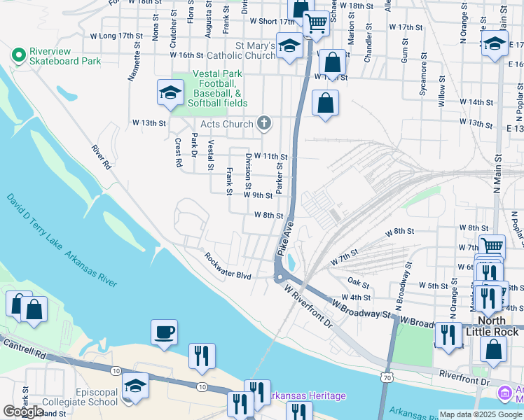 map of restaurants, bars, coffee shops, grocery stores, and more near 1214 West 9th Street in North Little Rock
