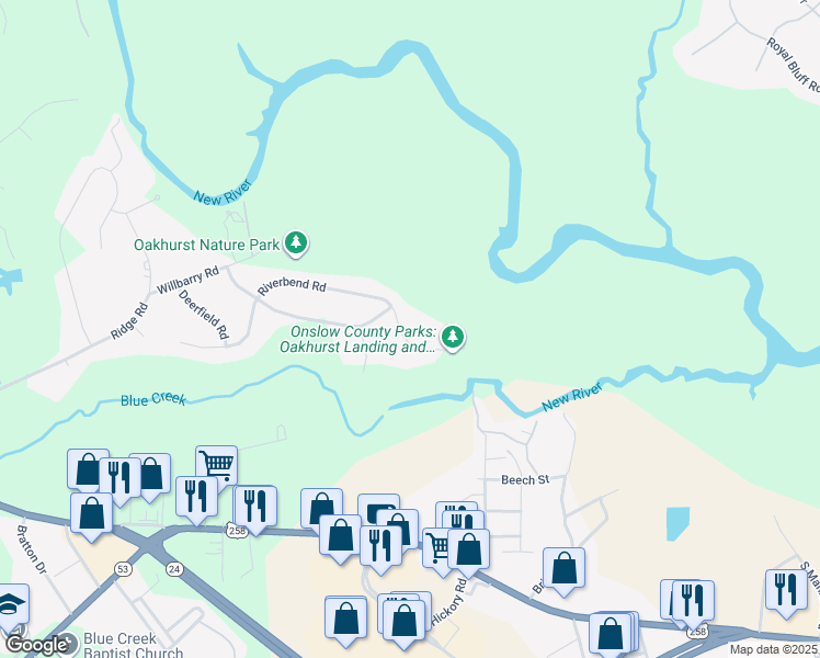 map of restaurants, bars, coffee shops, grocery stores, and more near 237 River Bend Road in Jacksonville