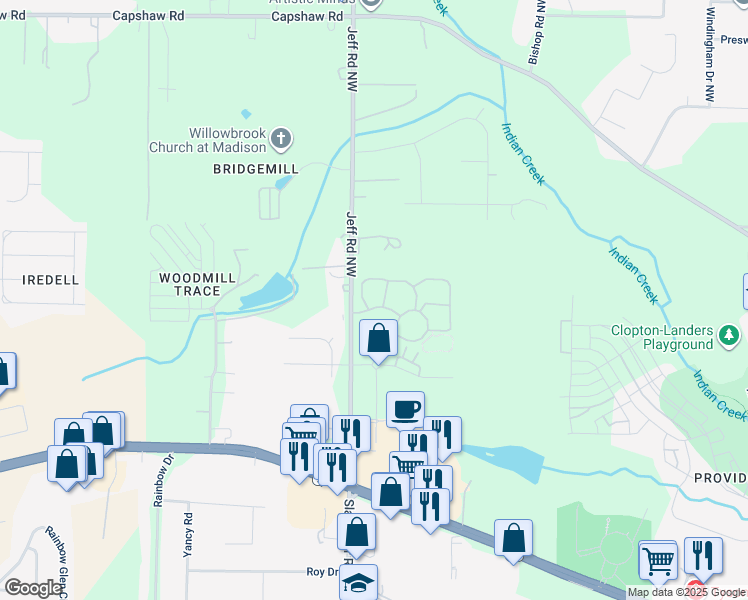 map of restaurants, bars, coffee shops, grocery stores, and more near 1 Old Fairway Road in Huntsville