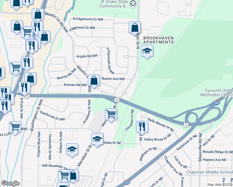 map of restaurants, bars, coffee shops, grocery stores, and more near 2900 Countess Street Northwest in Huntsville