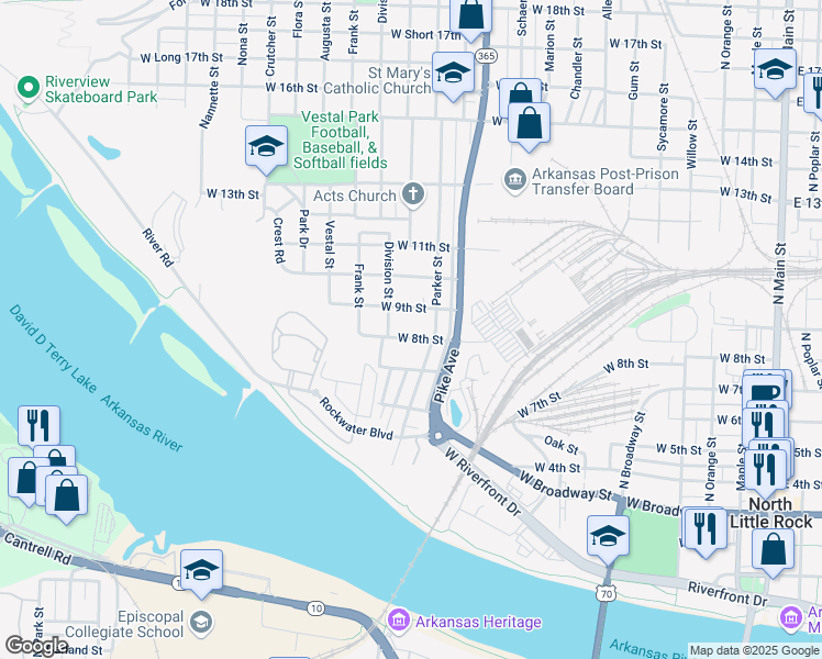 map of restaurants, bars, coffee shops, grocery stores, and more near 1214 West 9th Street in North Little Rock