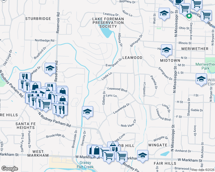map of restaurants, bars, coffee shops, grocery stores, and more near 1106 Gillette Drive in Little Rock