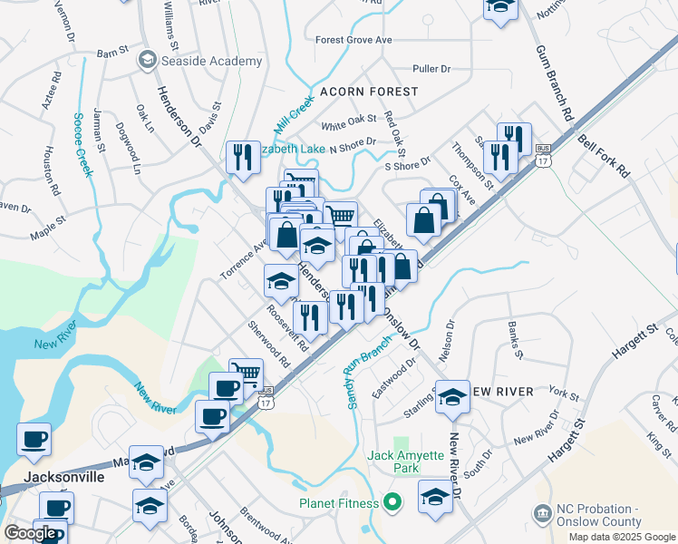 map of restaurants, bars, coffee shops, grocery stores, and more near 2442 Onslow Drive in Jacksonville